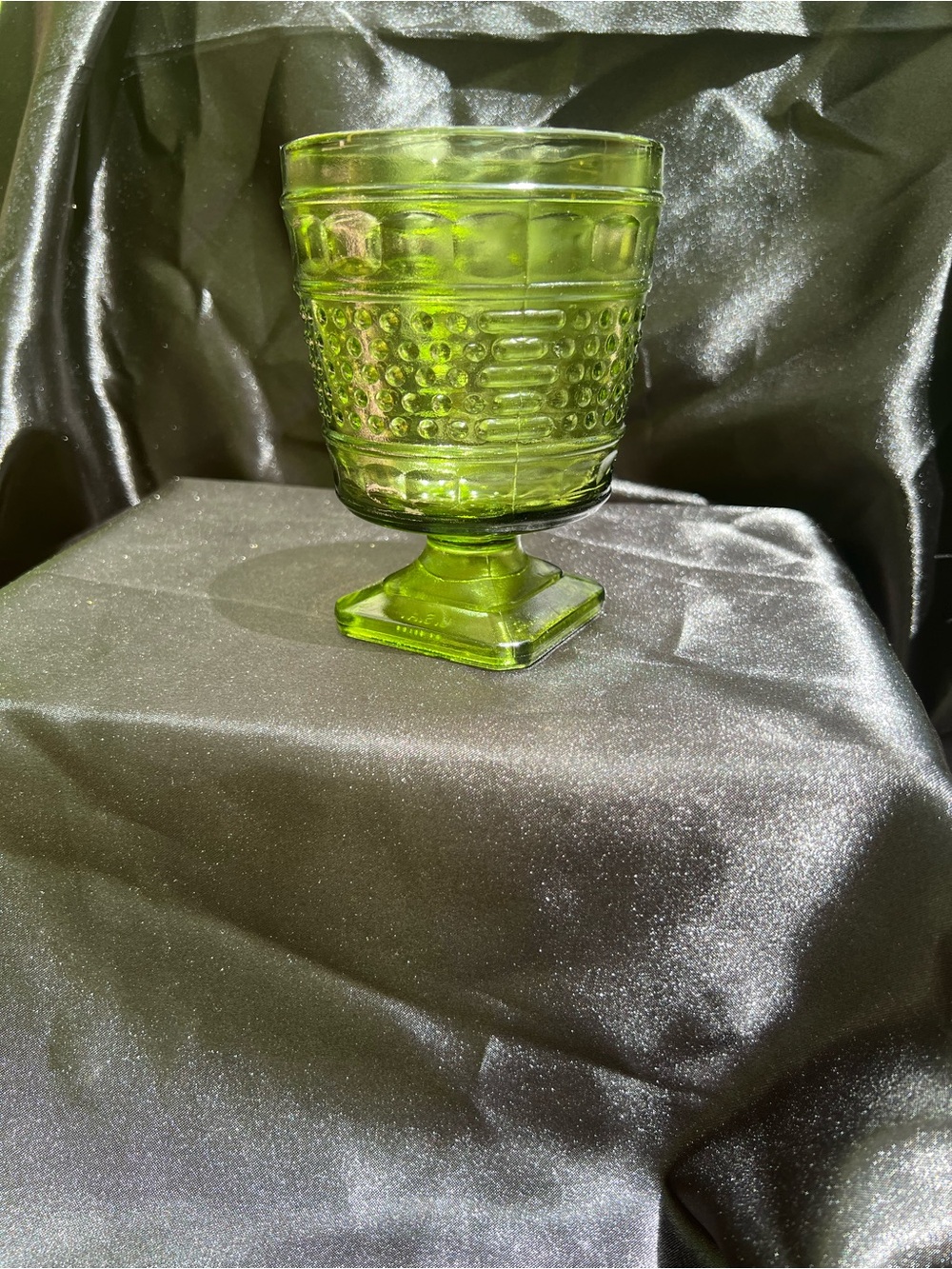 Vintage Napco Olive Green Glass Vase Goblet Hobnail Footed Pedestal Vase MCM